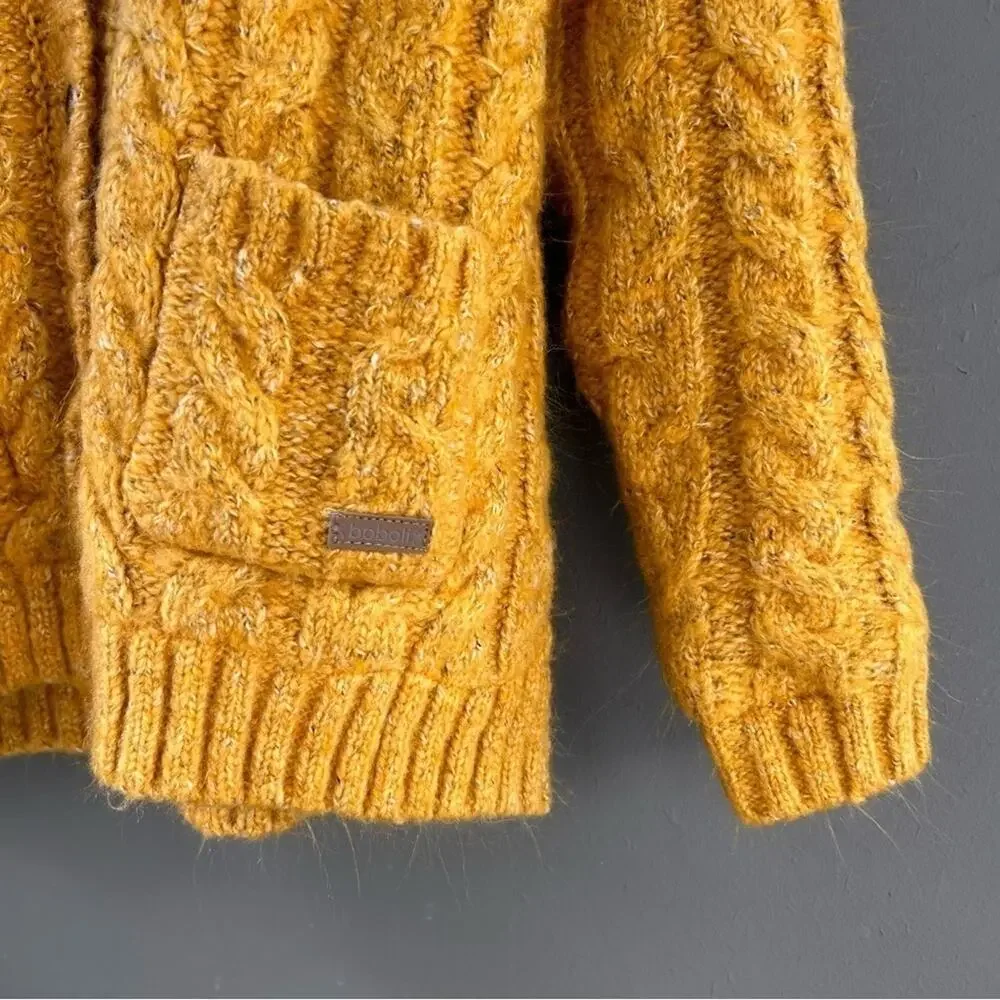Boboli Kid’s Yellow Cable Knit Button Down Hoodie, Faux Fur Lining Size 8yrs NWT